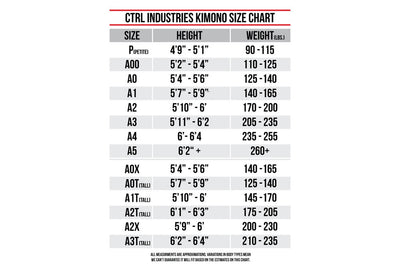 Size Chart for Adult Kimonos
